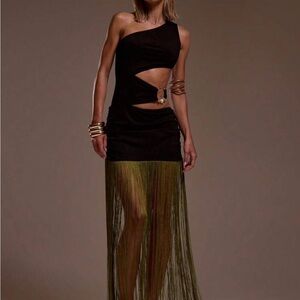 One-Shoulder Black Cutout Fringe Maxi Dress